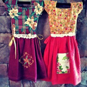 New, Handmade Embroidered Holiday Oven Door Towel Dresses, Pair of 2